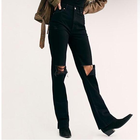 Free People Black My Own Lane Distressed High Rise Straight Leg Jeans Size 26 - Picture 3 of 16